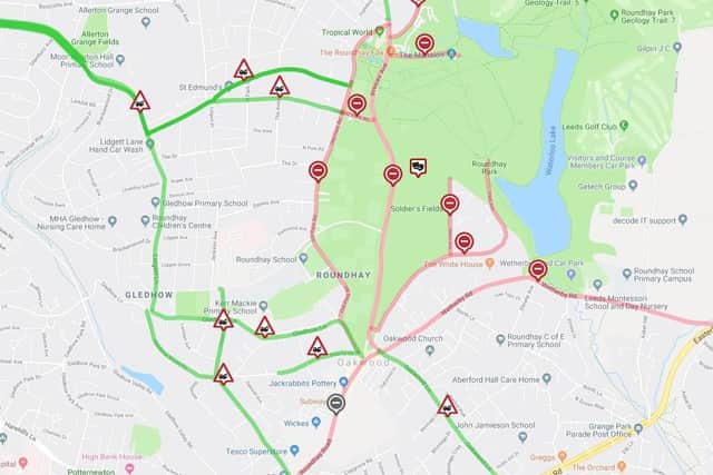 This is a map of the no parking/towing away zones and the full road closures for the Ed Sheeran Roundhay Park concerts.