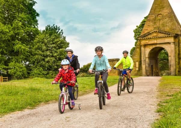 A family on Nostell's cycle trail in the parkland.  Photo by Simon Dewhurst.