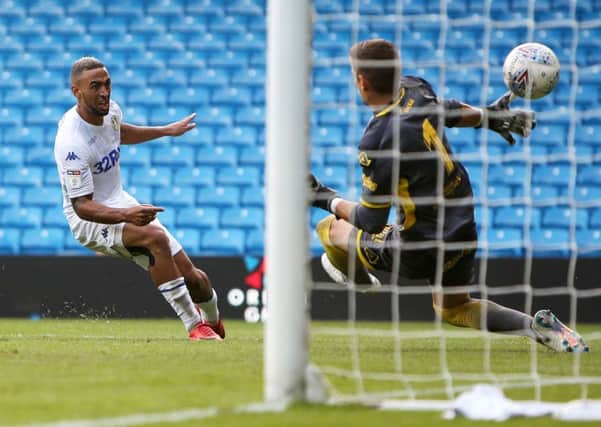 Kemar Roofe scores the winning goal for Leeds United against Las Palmas. Picture : Jonathan Gawthorpe