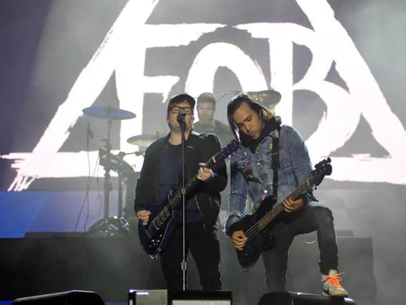 Main stage headliners Fall Out Boy at the Leeds Festival.