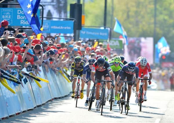 Greg Van Arvermaet comes in to the finish in Leeds to win the 2018 Tour de Yorkshire. Picture: Bruce Rollinson