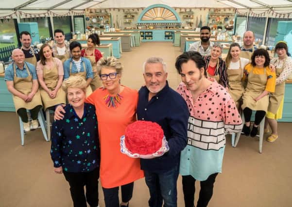 The Great British Bake Off (2018): Sandi Toksvig, Prue Leith, Paul Hollywood and Noel Fielding with the contestants.