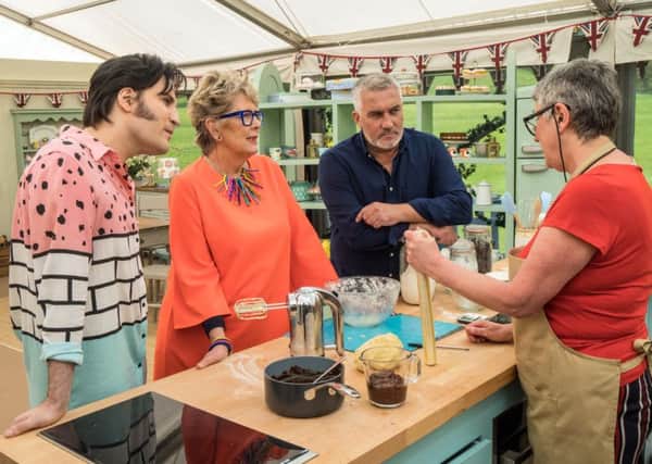 The Great British Bake Off (2018)
: Karen with judges Paul Hollywood and Prue Leith and presenter Noel Fielding in episode one.