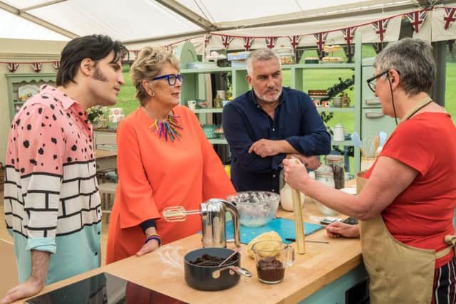 The Great British Bake Off 2018: Karen with Presenter Noel Fielding and judges Prue Leith and Paul Hollywood in episode one.