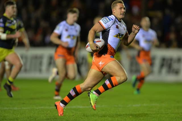 Greg Eden scores his third try for Castleford Tigers against Wakefield Trinity. Picture: Bruce Rollinson