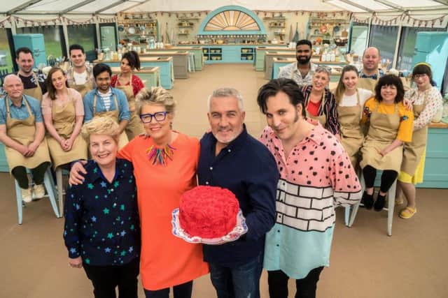 The Great British Bake Off 2018: Sandi Toksvig, Prue Leith, Paul Hollywood and Noel Fielding with the contestants. Picture: Chennel 4.