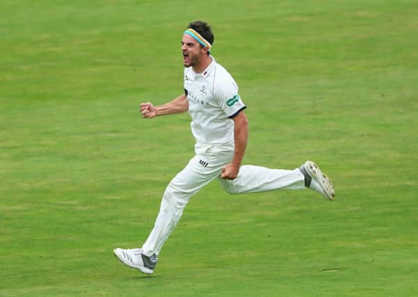 HEADBAND WARRIOR! Yorkshire's Jack Brooks celebrates after talking the wicket of Somerset's Eddie Byrom at Headingley last month. Picture: Alex Whitehead/SWpix.com.