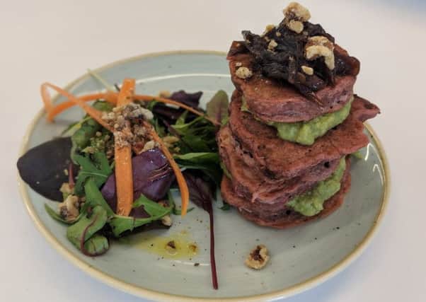 New Menu: Beetroot fritters and avocado stack.
