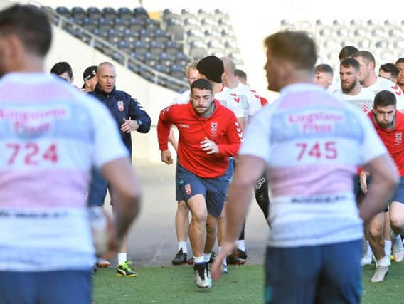 Hull FC's Jake Connor, centre, in training for England today. (SWPix)