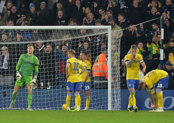Dejected looking Leeds United players after conceding the fourth goal at West Brom. Picture: Bruce Rollinson