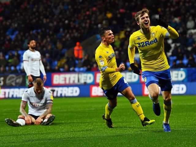 Patrick Bamford celebrates scoring the winning goal for Leeds United at Bolton. Picture: Jonathan Gawthorpe