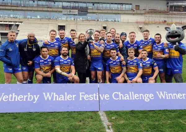 Leeds Rhinos line-up after winning the Wetherby Whaler Festive Challenge.