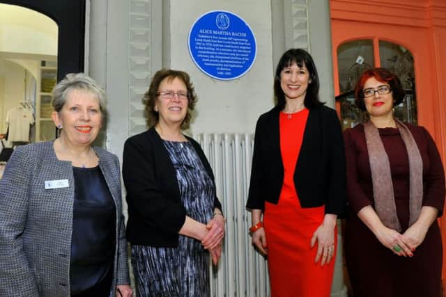 The unveiling of a blue plaque for MP Alice Bacon at the Corn Exchange in Leeds. L-R Jane Taylor, Chair of Leeds Civic Trust , Judith Blake, Leader of Leeds City Council , Rachel Reeves MP and Cristina Lesto-Bandeira from the University of Leeds School of Politics.
