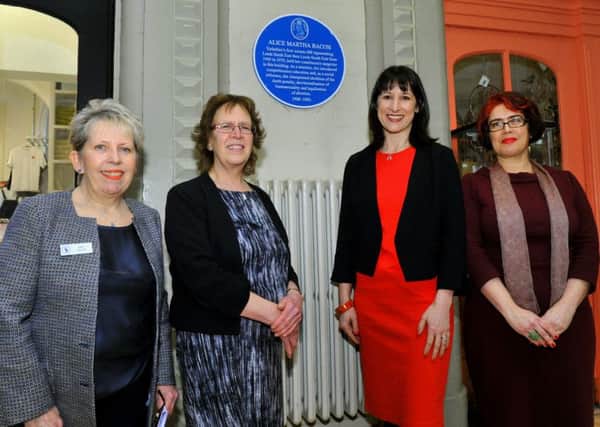 The unveiling of a blue plaque for MP Alice Bacon at the Corn Exchange in Leeds. L-R Jane Taylor, Chair of Leeds Civic Trust , Judith Blake, Leader of Leeds City Council , Rachel Reeves MP and Cristina Lesto-Bandeira from the University of Leeds School of Politics.