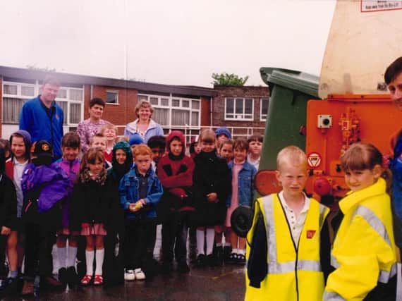 Flanshaw St Michaels School. Dustbin lorry visits the school. 
Taken 1996.  Copyright Yorkshire Weekly Newspaper.