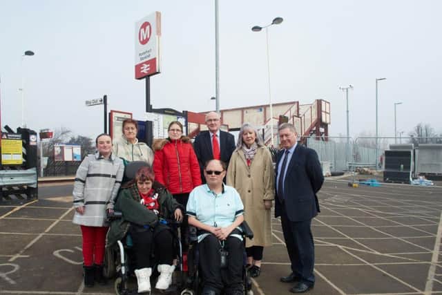 At the front: Damon Nicholson and his cousin Stephanie Downes are unable to use one of Pontefract Monkhill's platforms because there is no step-free access.
At the back from left to right are Damon's sister Mary Nicholson, Stephanie's sister-in-law Susan Smith, Damon's father's partner Karina Nicholson and Pontefract councillors Clive Tennant, Pat Garbutt and David Jones.