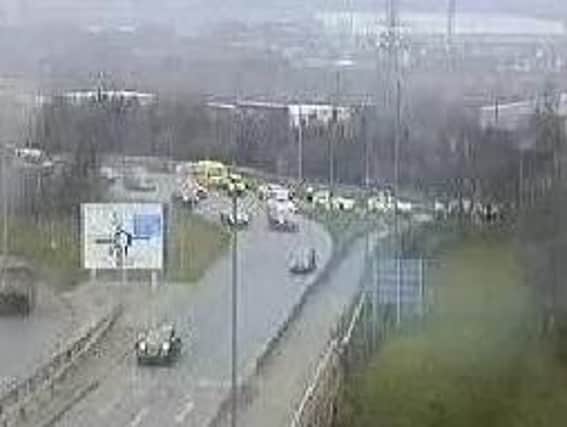 The air ambulance was called to the crash on the M1.
