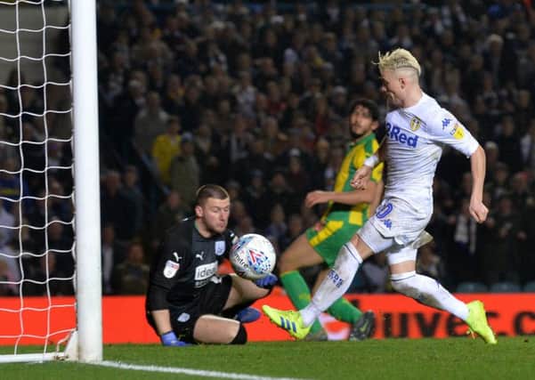 Ezgjan Alioski about to score Leeds United's fourth goal against West Brom. Picture: Bruce Rollinson