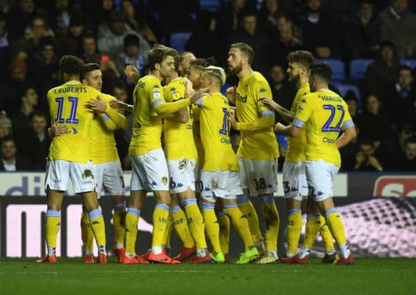 Leeds United players celebrate Pablo Hernandez's second goal at Reading. Picture: Jonathan Gawthorpe
