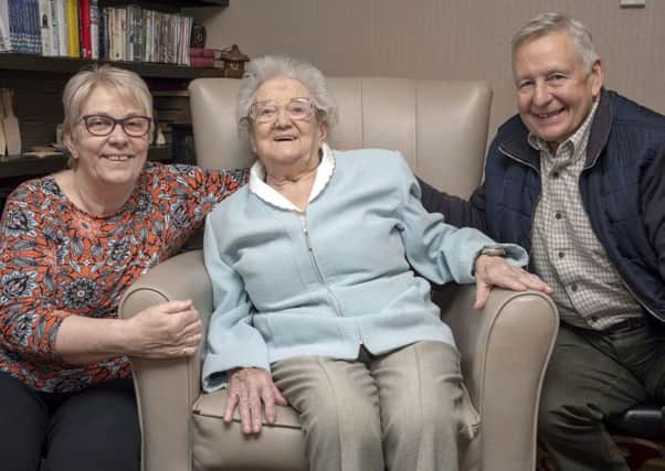 Eileen Walker who turns 102  years old at Willow Park Care Home in Pontefract (with daughter and son-in-law Marilyn and Tony Pettit). Picture Scott Merrylees
