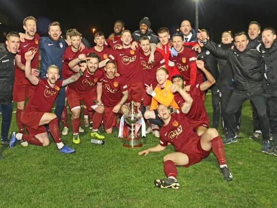 Ossett United celebrate winning the West Riding County Cup. PIC: John Hirst.