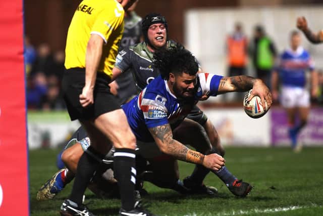 David Fifita crashes over for a try against Warrington last month. PIC: Jonathan Gawthorpe.