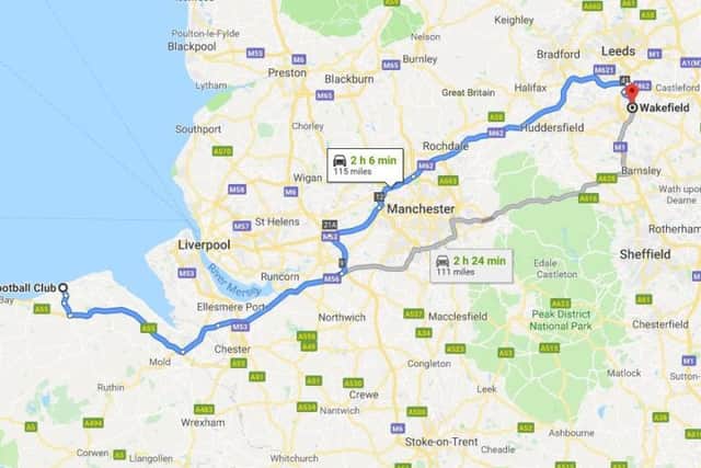 The bin was spotted in Rhyl, more than 100 miles from its home in Wakefield. Picture: Google Maps