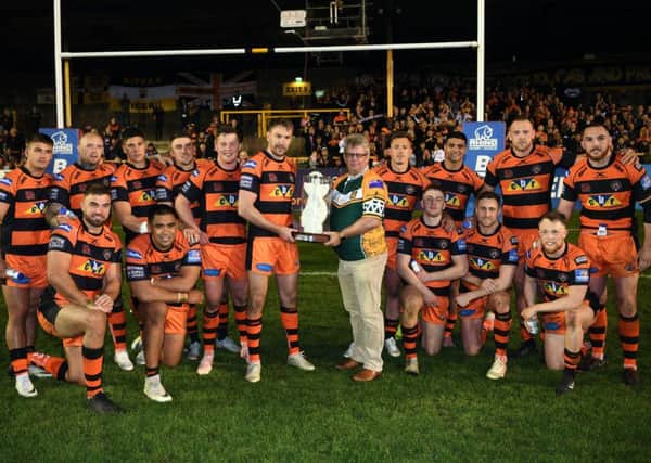 Castleford Tigers v Wakefield Trinity.
Castleford are presented with the Adam Watene trophy.
18th April 2019.
Picture Jonathan Gawthorpe