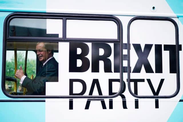 Mr Farage (pictured earlier this year) brought the Brexit Party bus to Pontefract before a rally in Featherstone this morning.