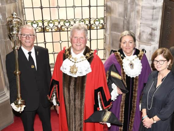 From left to right: mace bearer Rob Smitten, mayor Charlie Keith, deputy mayor Tracey Austin and the council's chief executive Merran McRae