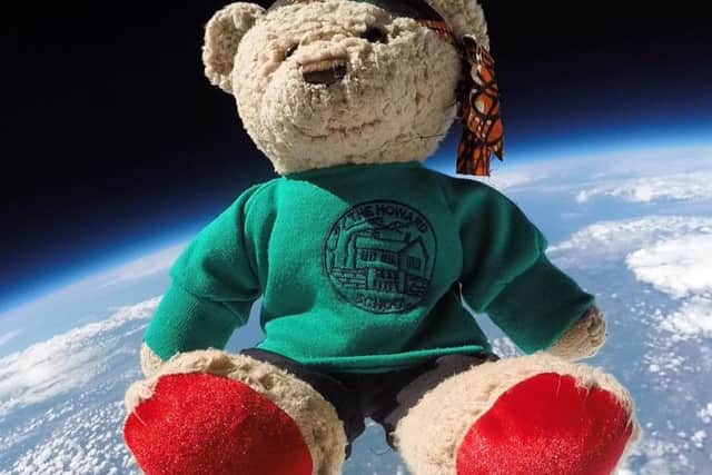 Howard, the mascot of Ackworth Howard School, Pontefract, was even gifted a specially-made school uniform to keep him warm as he rose through the Earths atmosphere.