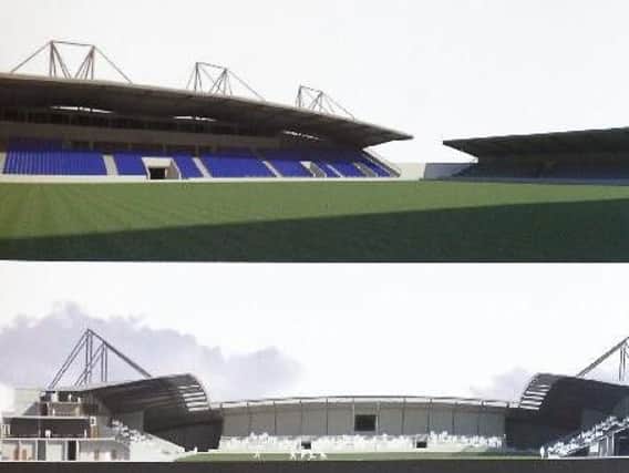 Designs for the new community stadium, which was supposed to be built on land in Newmarket, in Stanley.