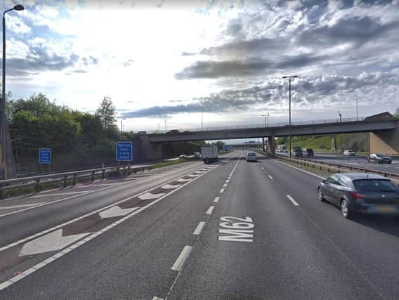 Fire crews rescued a person trapped in a crane on the M62 following a crash with a car this morning. Picture: Google Maps.