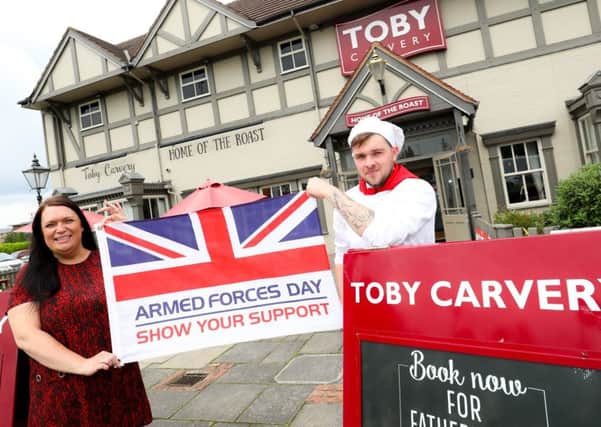 Toby Carvery Armed Forces Day 2019 campaign. Pictured are Hannah Roper (General Manager), Phill Mills (Head Chef), and Casey Tromans (Front of house staff).  Picture by Shaun Fellows / Shine Pix Ltd
. Picture by Shaun Fellows / Shine Pix.