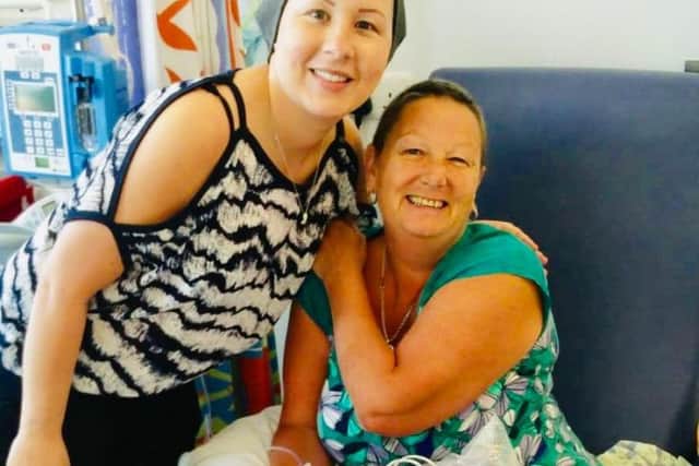 Sherine personally delivers a chemo care bag to Pinderfields patient Tracey McDerby.
