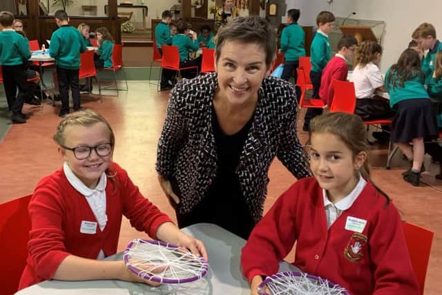 Amber Kirby and Beatrice Murphy from Middlestown School with Mary Creagh.