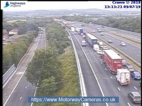 Two miles of traffic has already built up following a multi-vehicle collision on the M1 near Wakefield. Picture: Highways England.