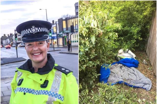 Inspector Helen Brear and, right, sleeping bags found in the bushes on Marsh Way.