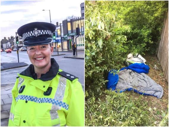 Inspector Helen Brear and, right, sleeping bags found in the bushes on Marsh Way.