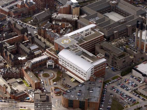 Aerials of Leeds and surrounding areas, pictured a view looking down over Leeds City Centre, over Leeds General Infirmary showing the Air Ambulance landing pad. James Hardisty