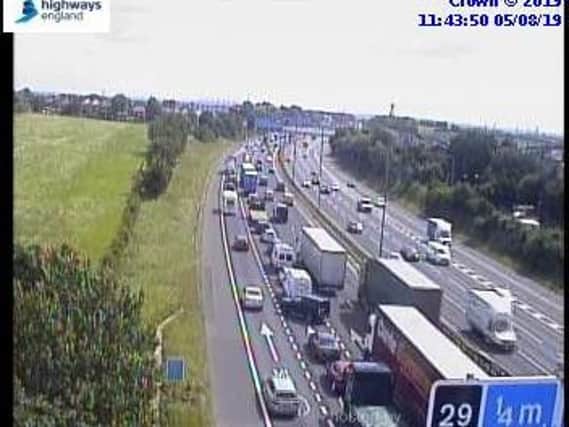 More than two miles of traffic has built up due to a lane closure on the M62. Picture: Highways England
