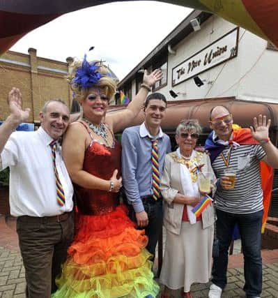 The Mayor of Wakefield Councillor June Cliffe MBE joins in the party atmosphere at The New Union at Wakefield Pride.
From left, Alan Little, licencee, Miss Shurlay, entertainer, David Rollinson, manager, The Mayor Cllr June Cliffe, Jason James, a  customer.