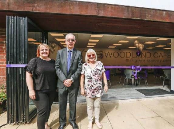 Councillors Faith Heptinstall, Les Shaw and Maureen Cummings at the reopening of the Woodland cafe in July.