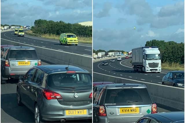 A motorcyclist has been taken to hospital following a collision on the M62 this morning. Photos: @djmurphykavos