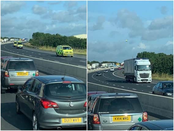 A motorcyclist has been taken to hospital following a collision on the M62 this morning. Photos: @djmurphykavos