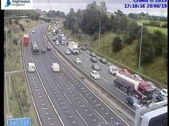 A collision has blocked three lanes of the M62 this afternoon. Picture: Highways England.