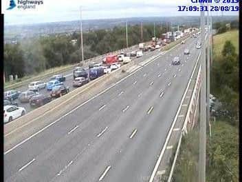 A collision has blocked three lanes of the M62 this afternoon. Picture: Highways England.