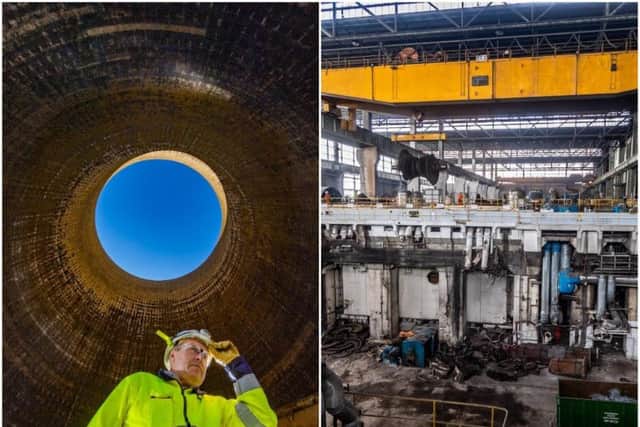 Andrew Kirk, top, safety manager for Keltbray, inside one of the cooling towers at Ferrybridge Power Station.