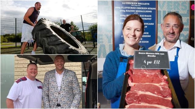 SPECIAL DELIVERY: Phil Bennett and Tyson Fury. (Pic by Platform Press) and Julie Gaunt and Jason Farrar from Bennetts Horbury branch Anthonys Butchers and Fury in training (Getty)