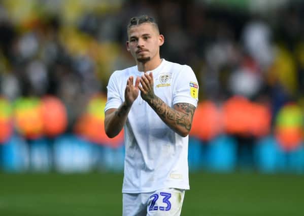 Kalvin Phillips applauds the Leeds United fans for their support in the game against Birmingham City.